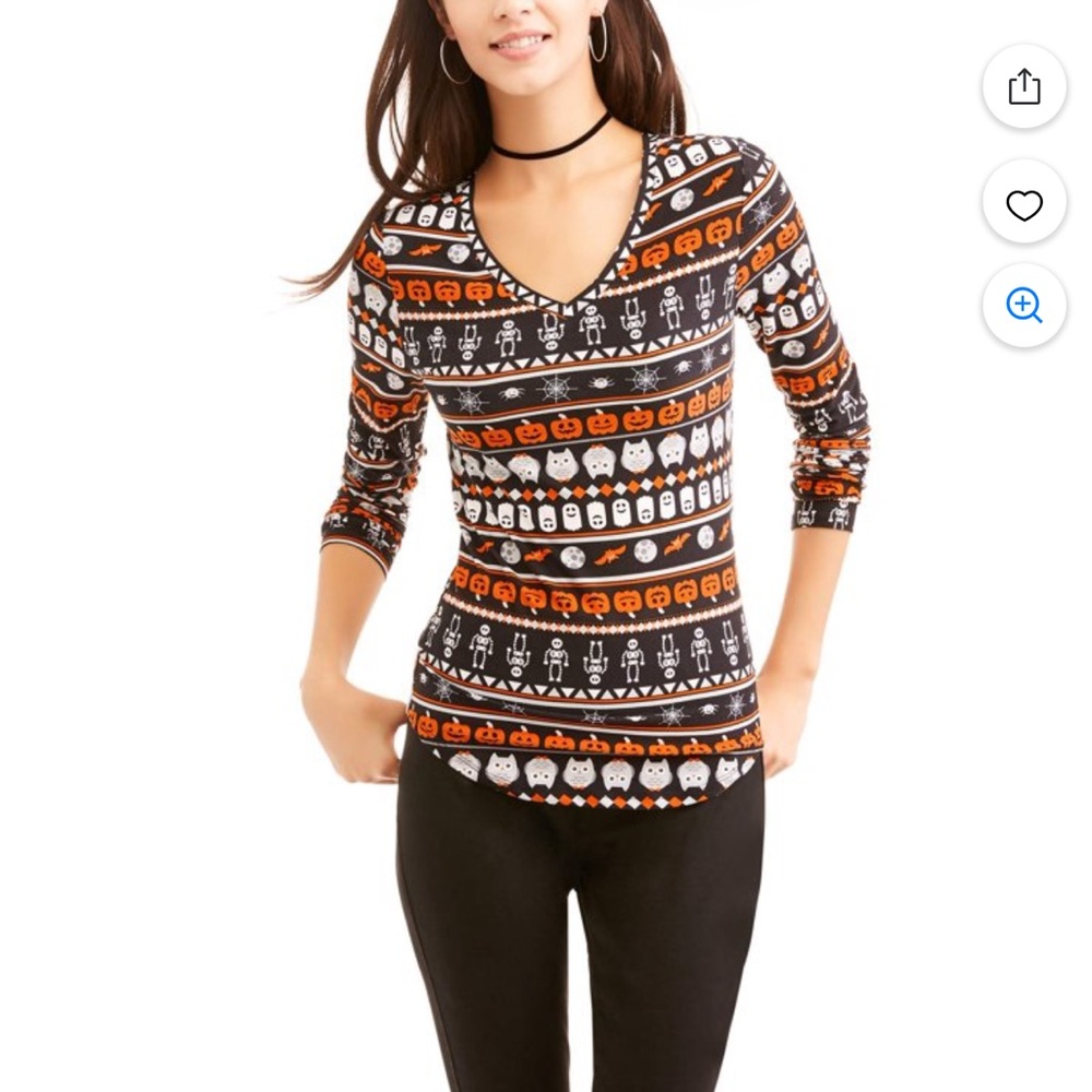 No Boundaries Black Orange Halloween V-Neck Top Juniors' Long Sleeve V-Neck Tee